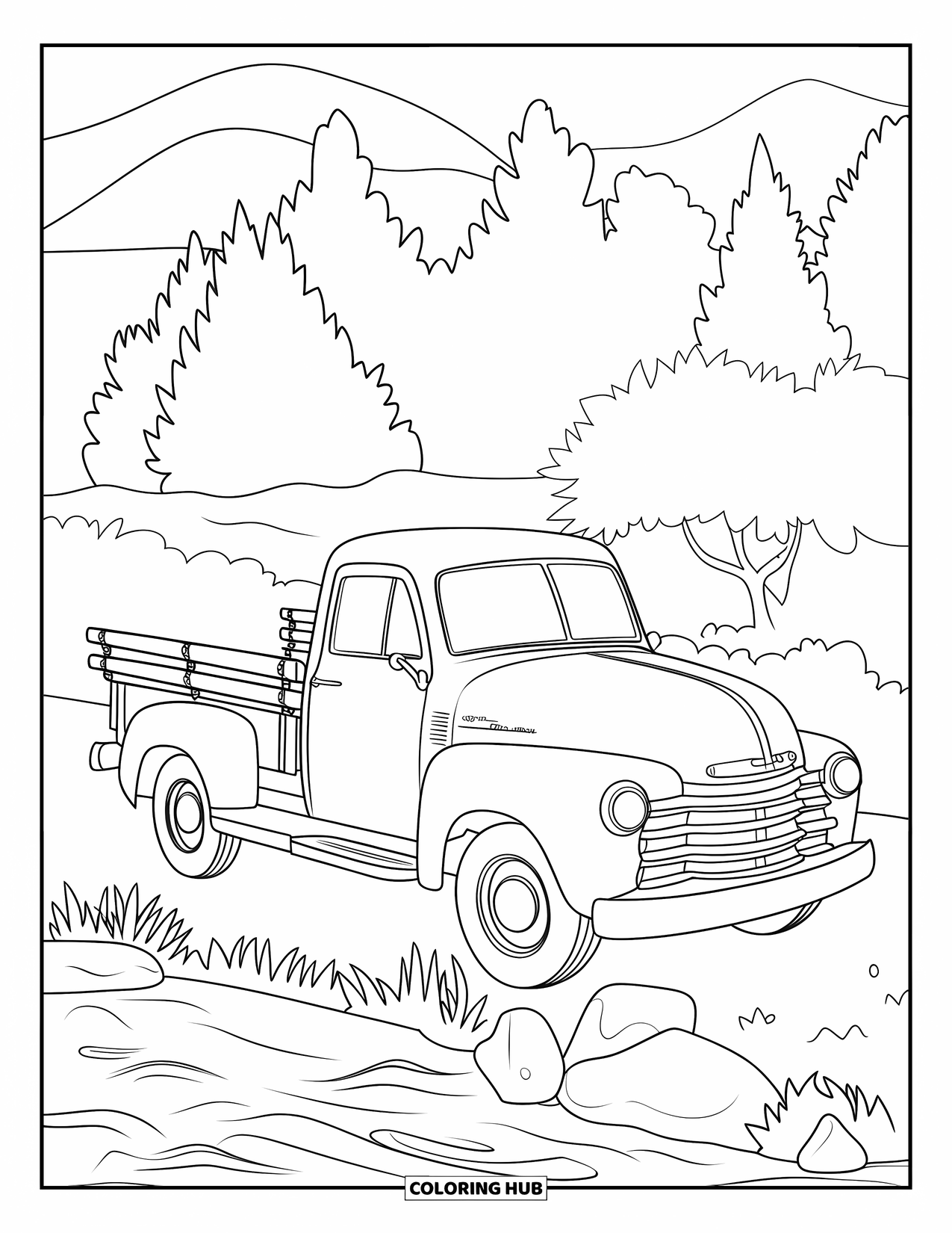 Pickup Truck Coloring Page for Kids: A vintage truck is parked by a riverbank with rocks, plants, and a mountain view