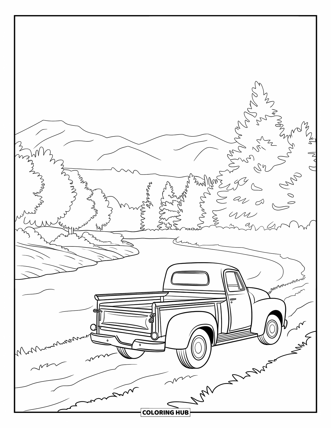 Pickup Truck Coloring Page for Kids: A wooden-bed truck sits on a dirt path near the river with mountains in the background