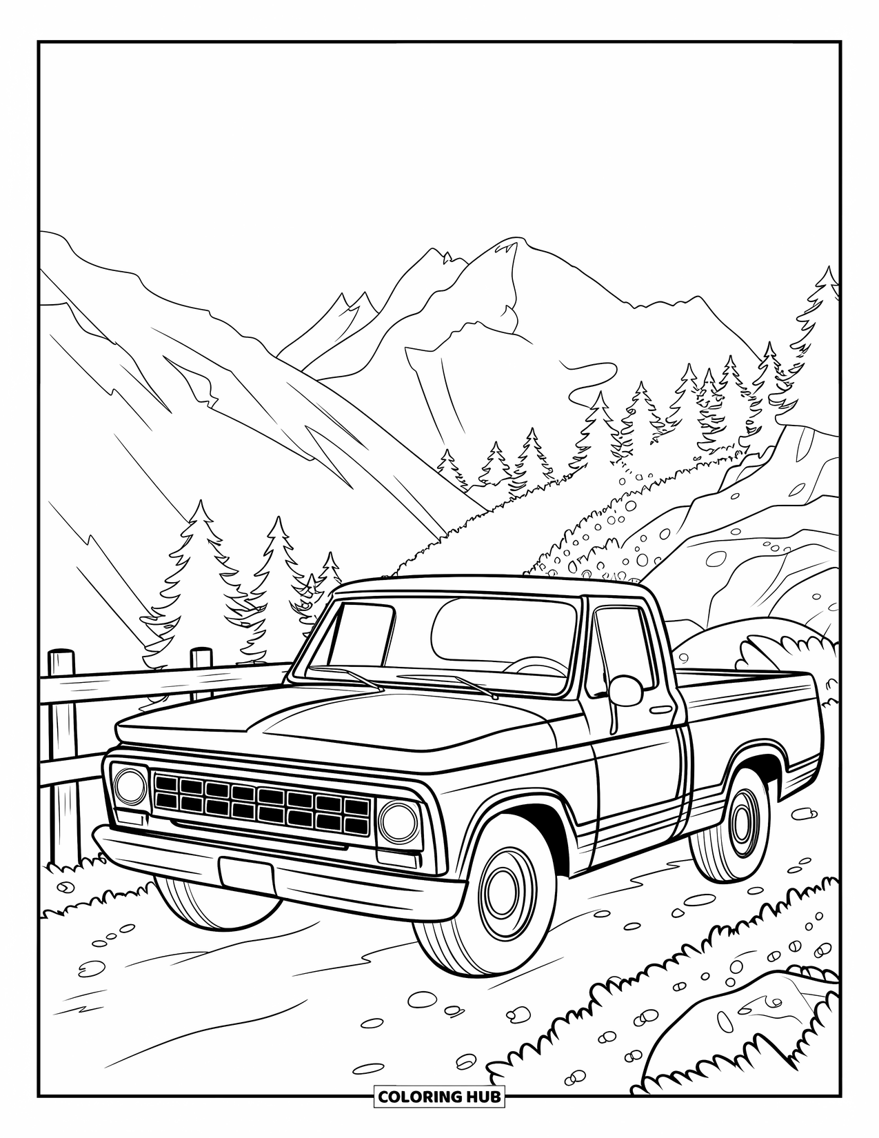 Pickup Truck Coloring Page for Kids: A wooden-panel truck sits on a stony trail with trees and rocks around
