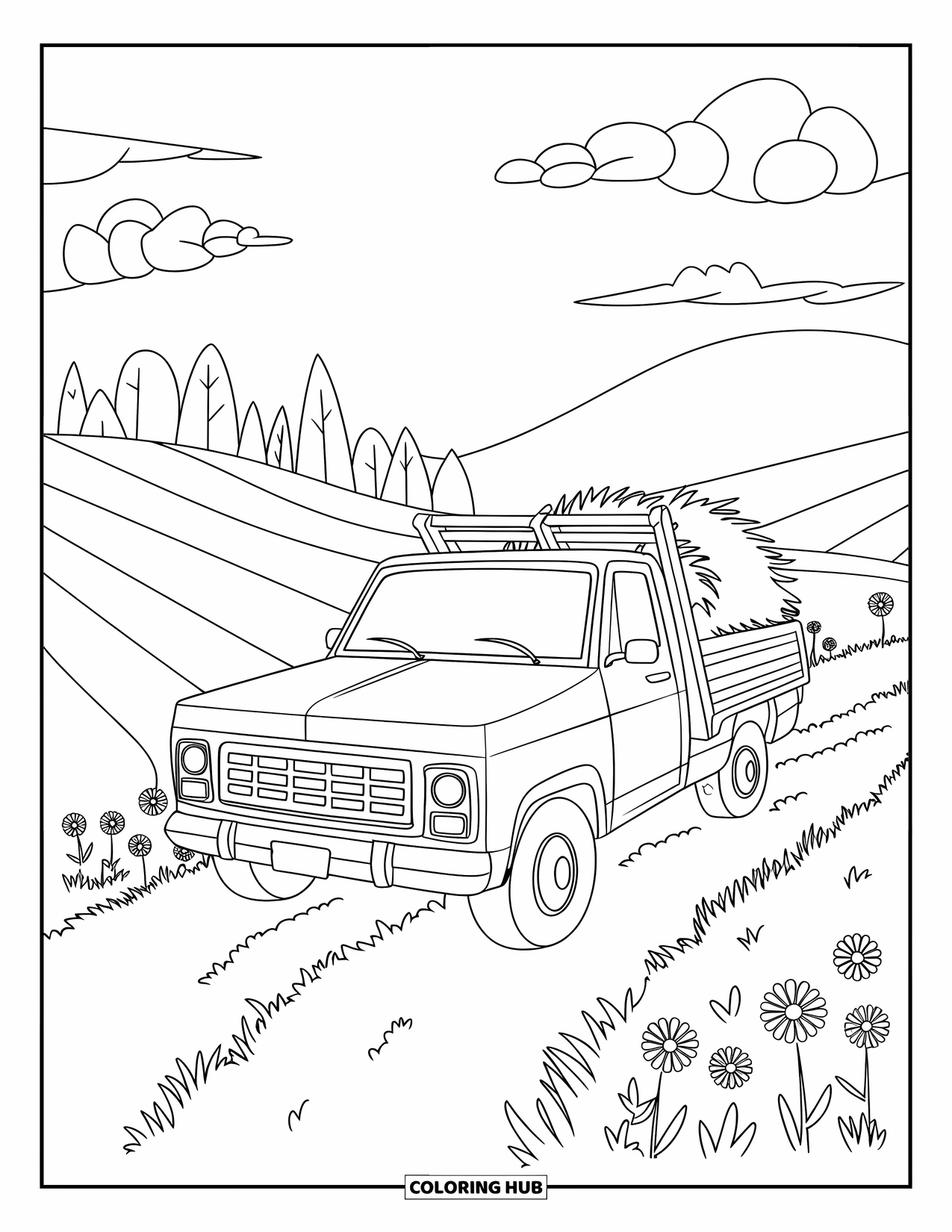 Pickup Truck Coloring Page for Kids: A wooden truck filled with hay drives along a country path lined with wildflowers