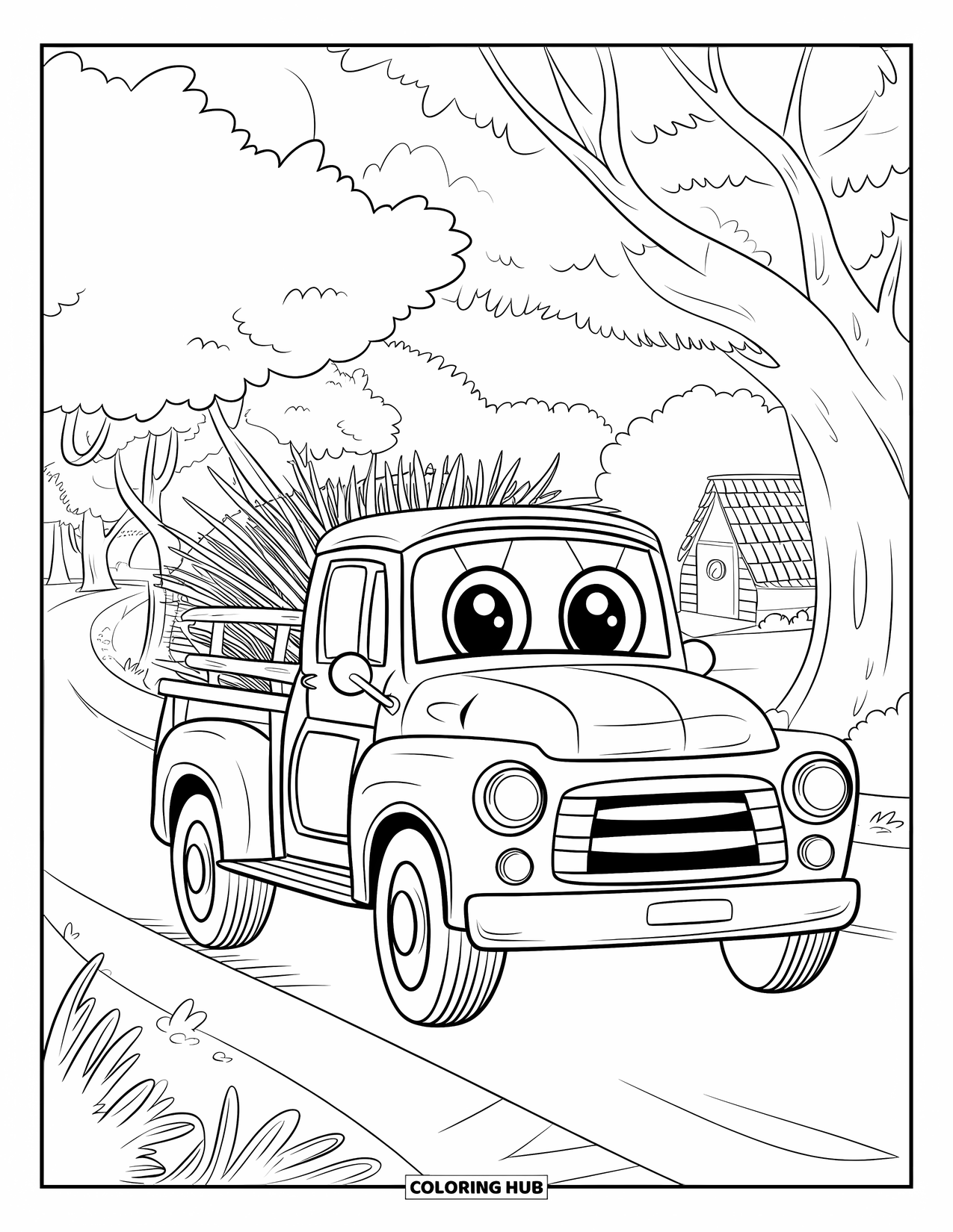 Pickup Truck Coloring Page for Kids: A wooden truck with a thatched top smiles while passing trees and a cozy cottage