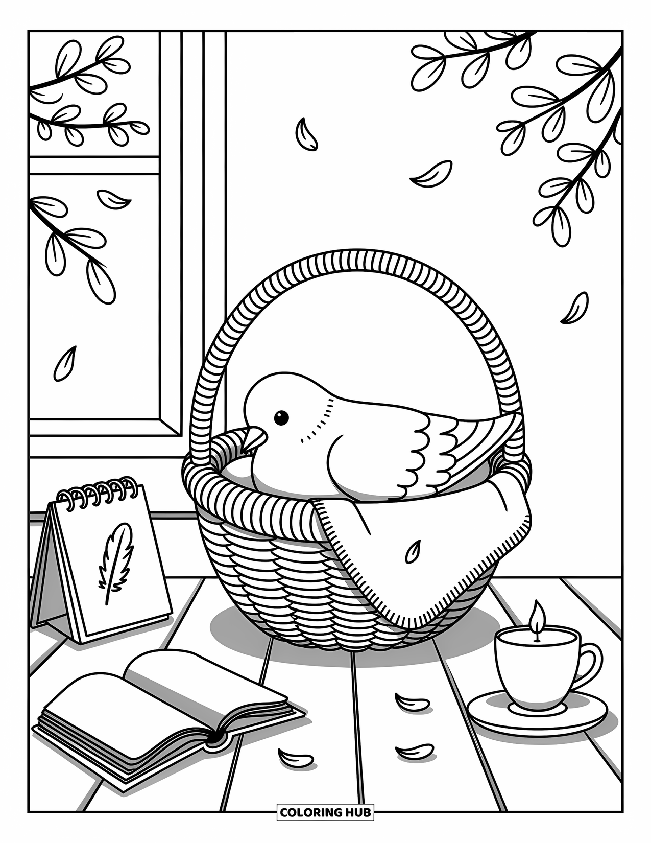 Pigeon Coloring Page for Adults: A calm pigeon naps in a basket near a book, a feather calendar, and candlelight