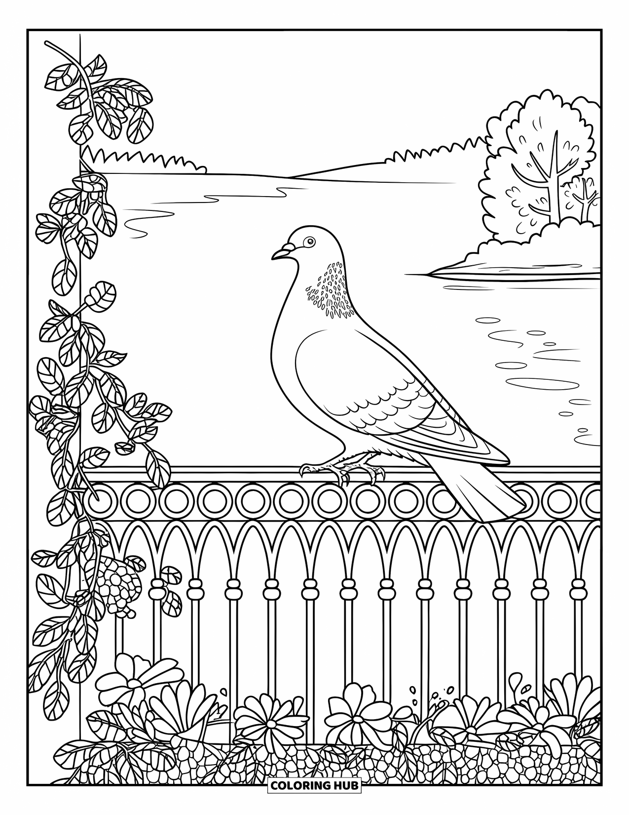 Pigeon Coloring Page for Adults: A calm pigeon perches on a balcony with flowers and a peaceful lake view