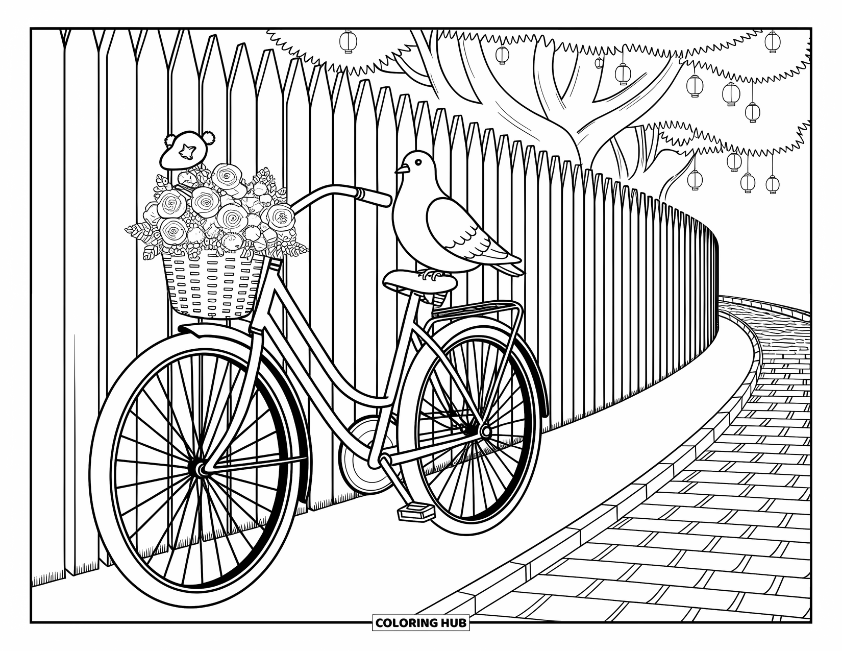 Pigeon Coloring Page for Adults: A chubby pigeon sits on a bike handle near lanterns and a cobbled path