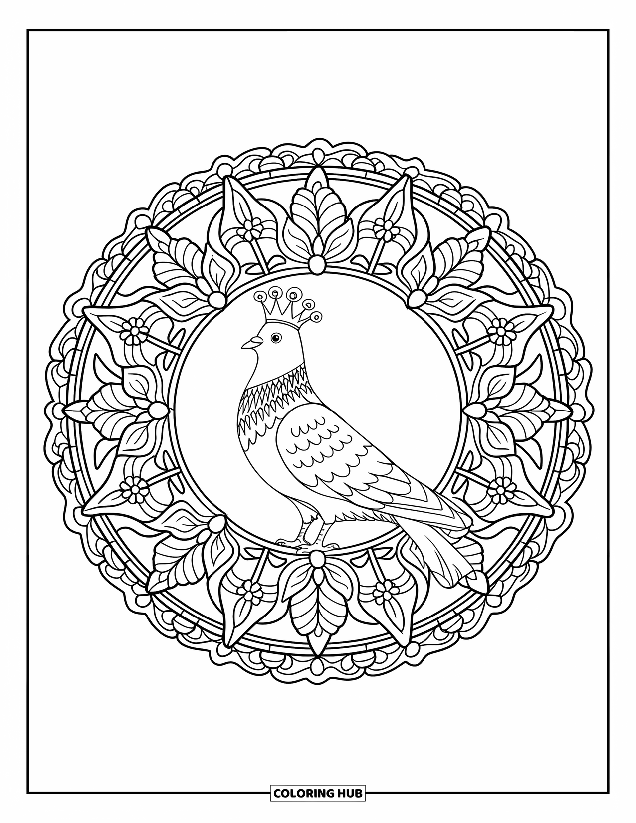 Pigeon Coloring Page for Adults: A crowned pigeon rests inside a circular mandala of leaves and vines