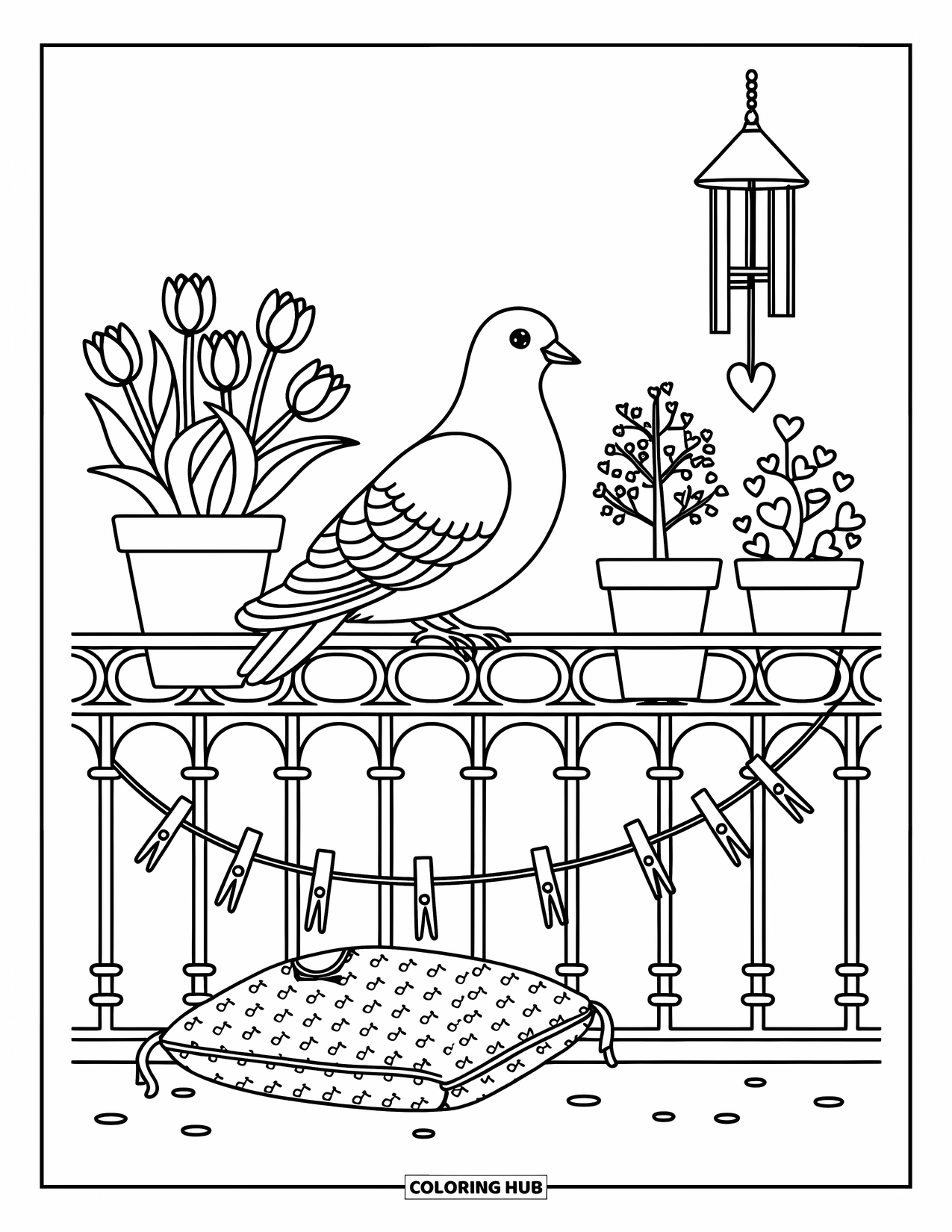 Pigeon Coloring Page for Adults: A curious pigeon perches on a balcony railing with pots and a dangling chime