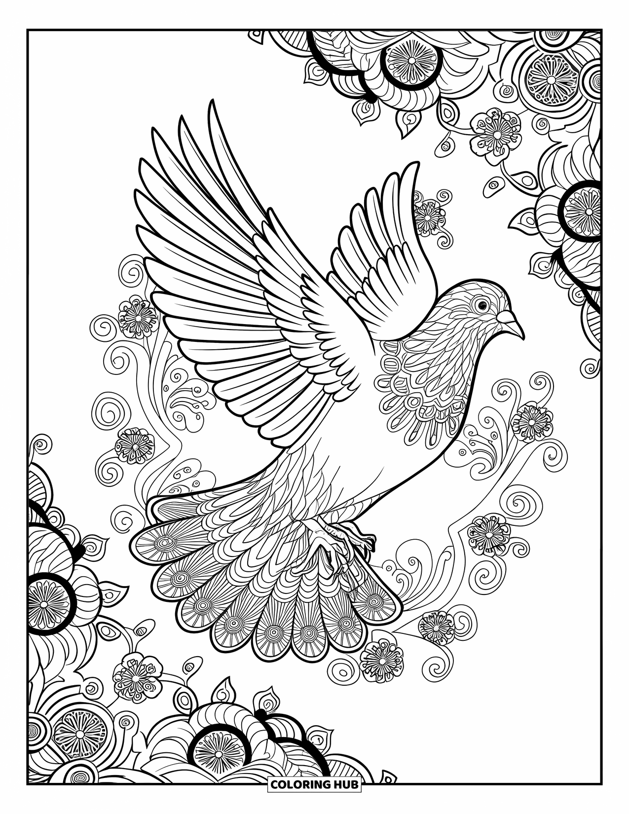 Pigeon Coloring Page for Adults: A flying pigeon is framed by floral swirls and a detailed mandala