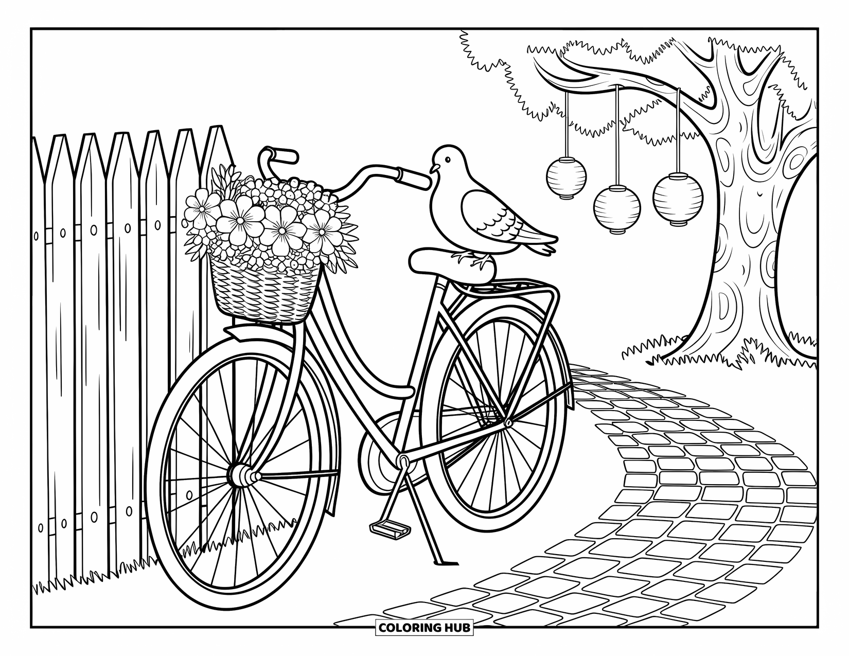 Pigeon Coloring Page for Adults: A gentle pigeon rests on a bike handle with a floral basket and glowing lanterns