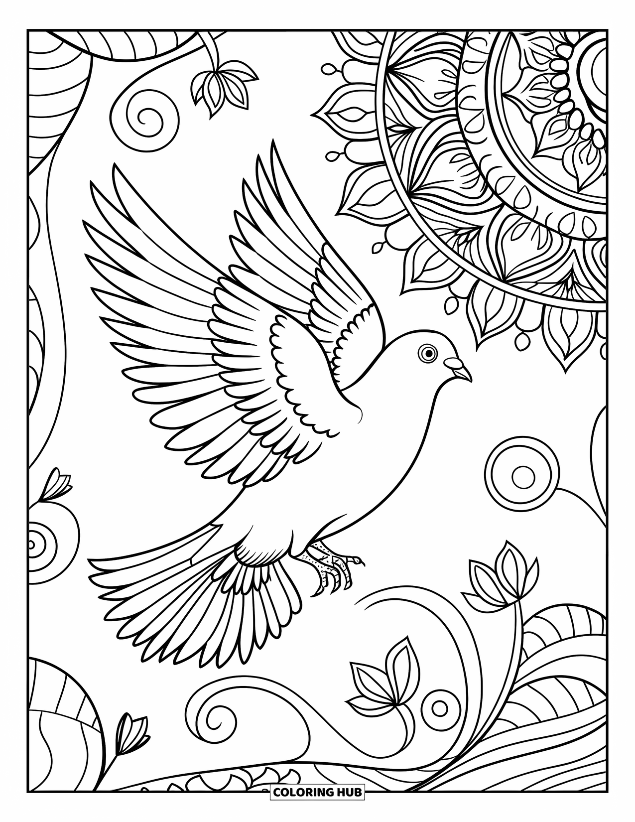 Pigeon Coloring Page for Adults: A graceful pigeon flies through lotus swirls and a leafy mandala design