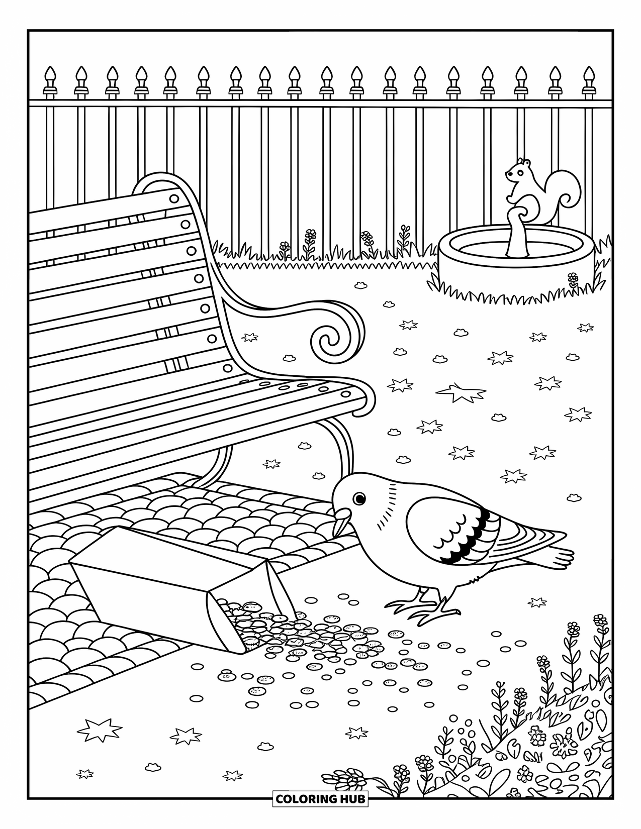 Pigeon Coloring Page for Adults: A happy pigeon snacks on crumbs by a park bench and playful tiny fountain