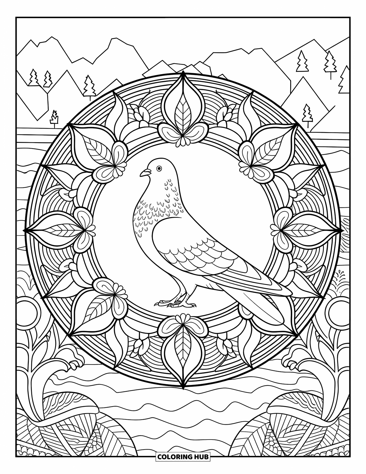 Pigeon Coloring Page for Adults: A majestic pigeon sits in a floral mandala with mountains in the distance