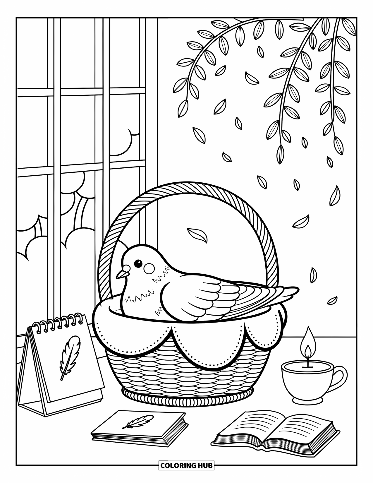 Pigeon Coloring Page for Adults: A peaceful pigeon nestles in a basket near petals, books, and a glowing candle