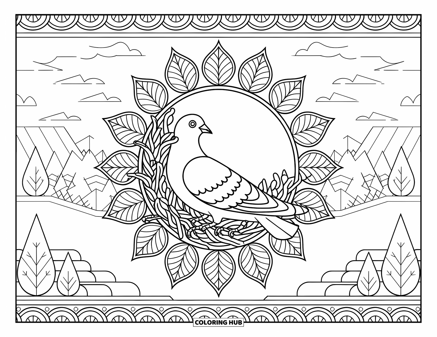Pigeon Coloring Page for Adults: A peaceful pigeon rests in vines within a circular mandala and scenic view