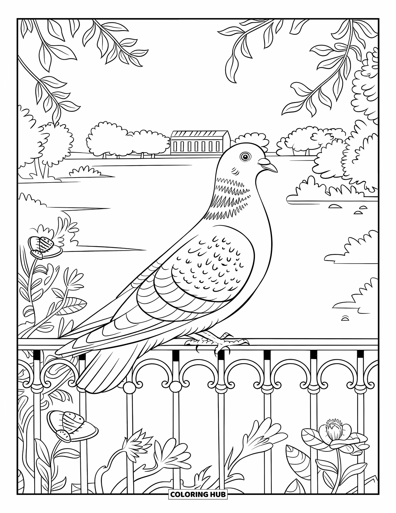 Pigeon Coloring Page for Adults: A peaceful pigeon rests on a vine-covered balcony with scenic details
