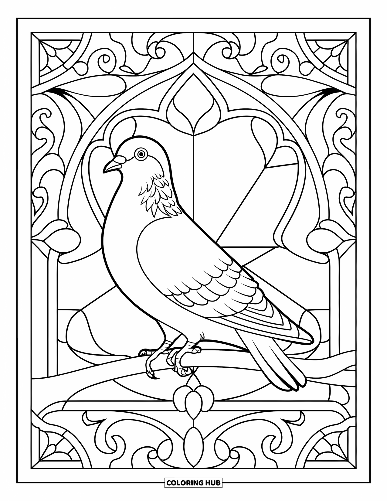 Pigeon Coloring Page for Adults: A perched pigeon is framed by symmetrical stained glass-style details