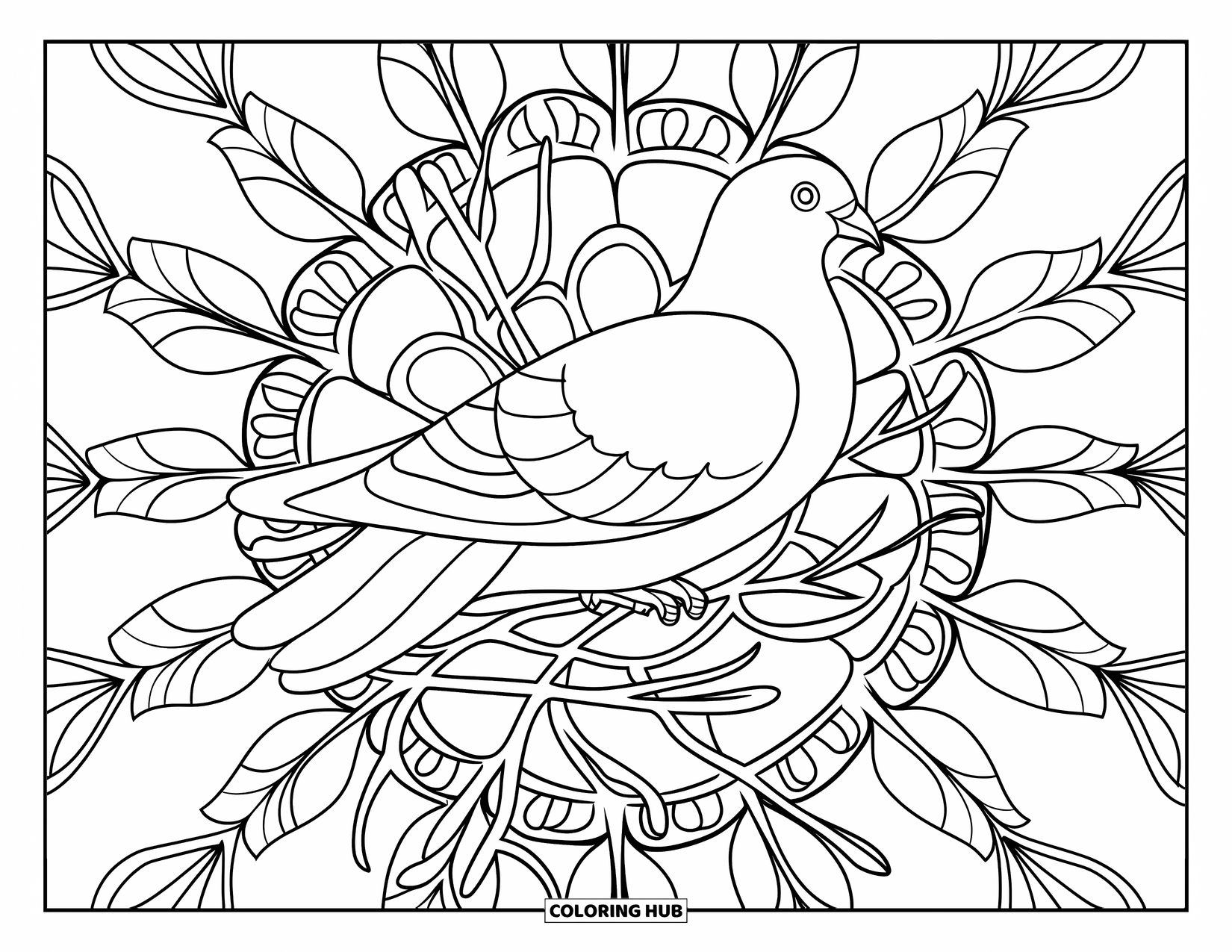 Pigeon Coloring Page for Adults: A pigeon nests in winding vines beneath a detailed leaf mandala