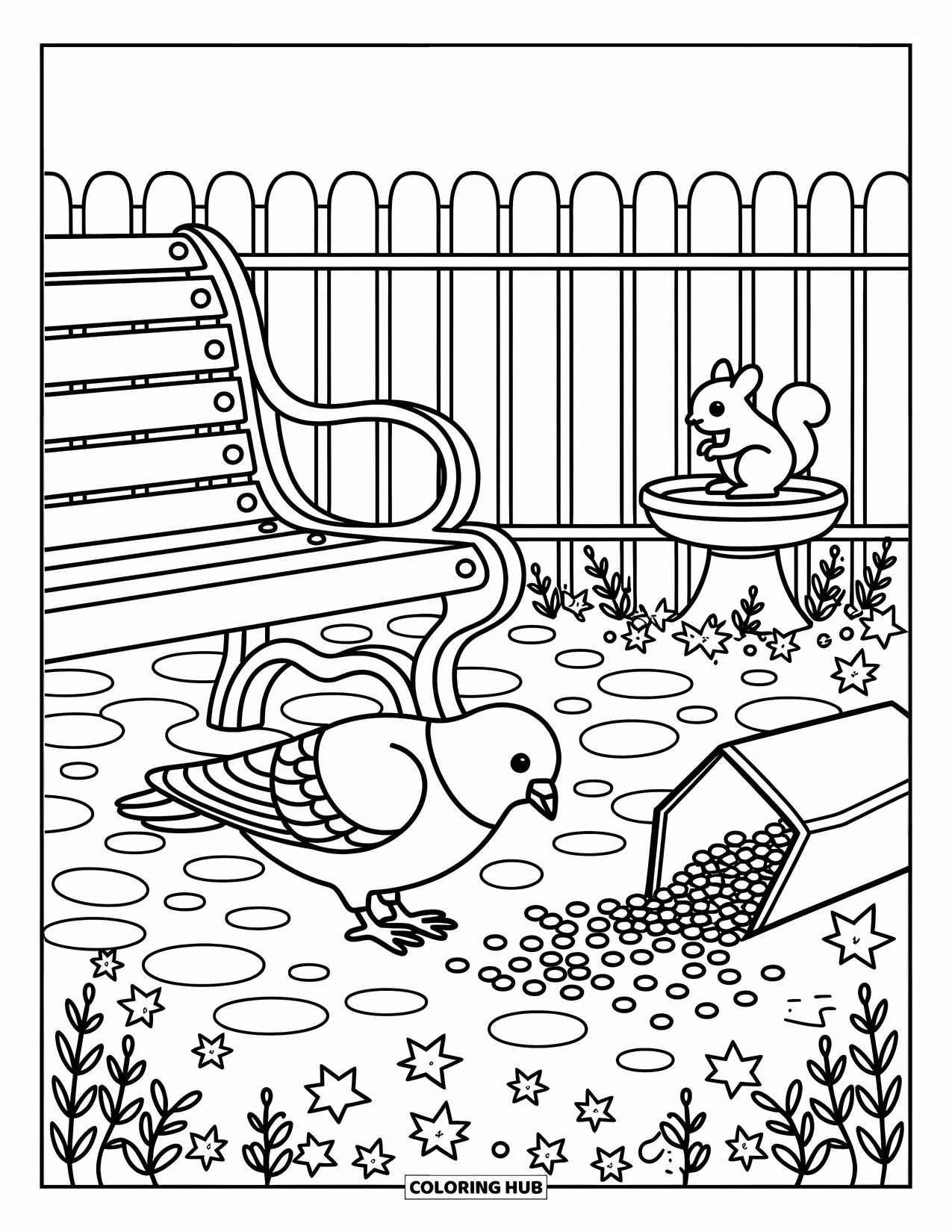 Pigeon Coloring Page for Adults: A pigeon pecks at crumbs near a park bench, flowers, and a squirrel-shaped fountain