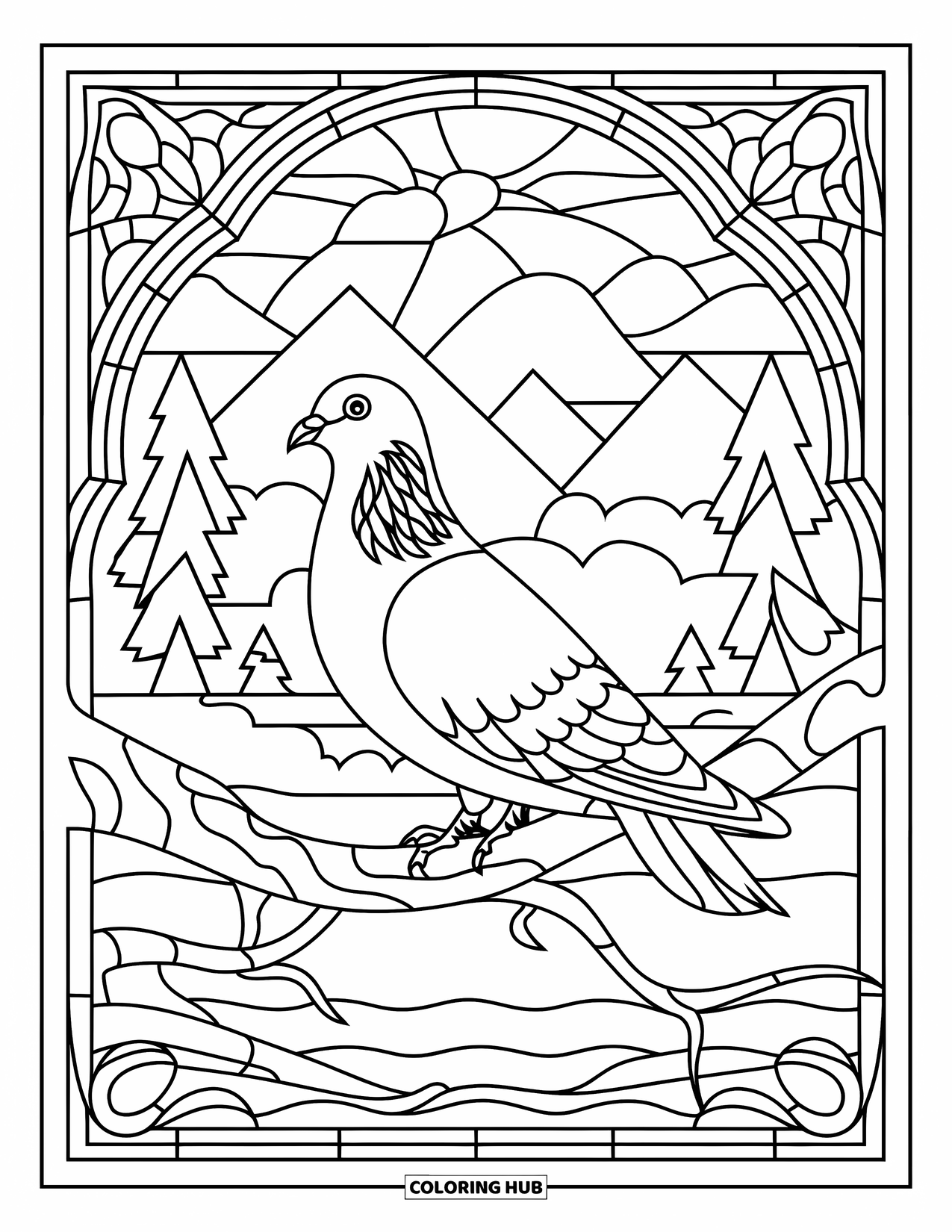 Pigeon Coloring Page for Adults: A pigeon perches on a branch with stained glass patterns all around