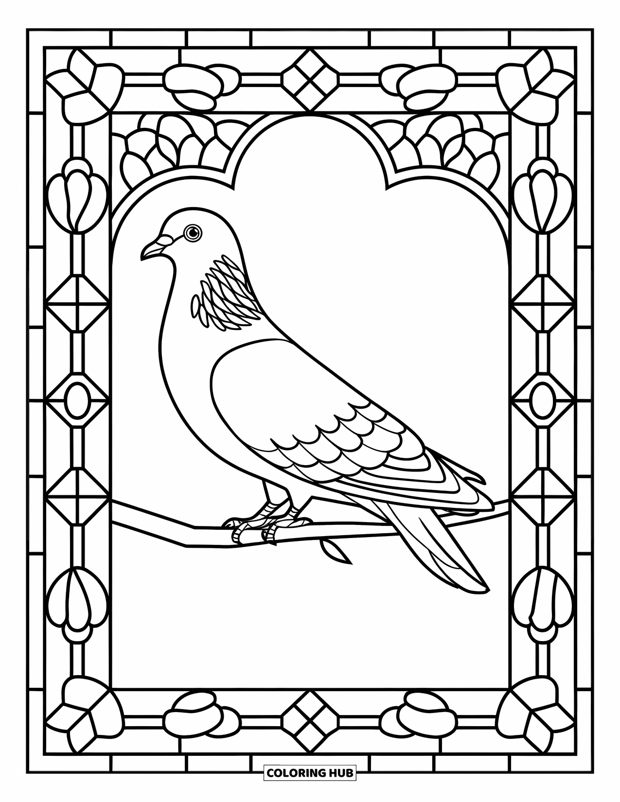 Pigeon Coloring Page for Adults: A pigeon rests on a branch surrounded by stained glass-inspired shapes