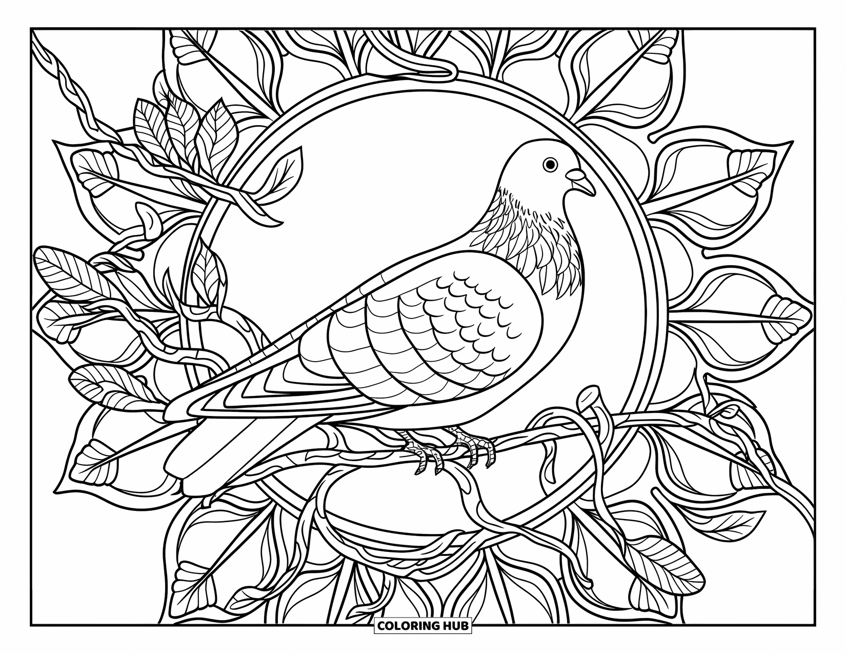 Pigeon Coloring Page for Adults: A pigeon sits in vines inside a leaf mandala with elegant patterns