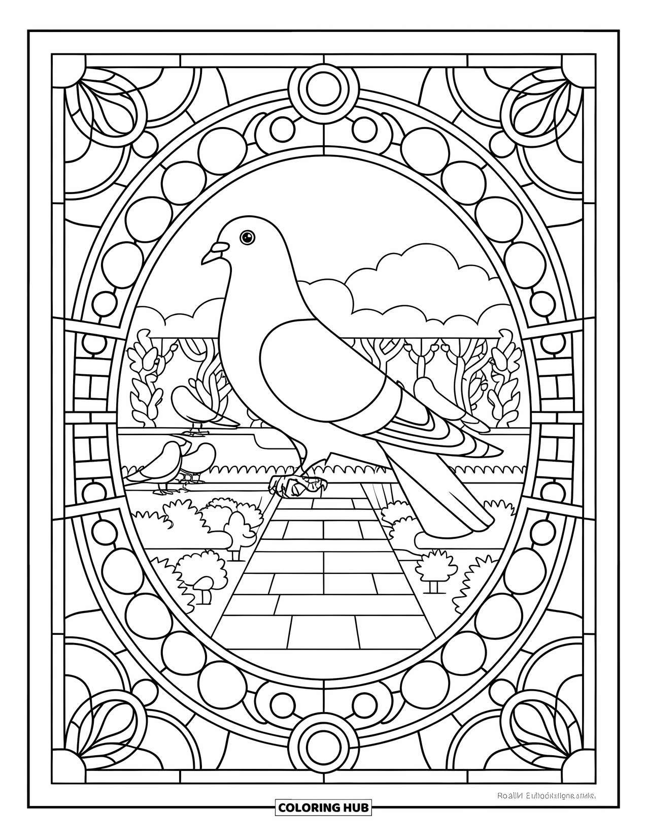 Pigeon Coloring Page for Adults: A pigeon sits on a branch with other birds in a garden of glass-like art