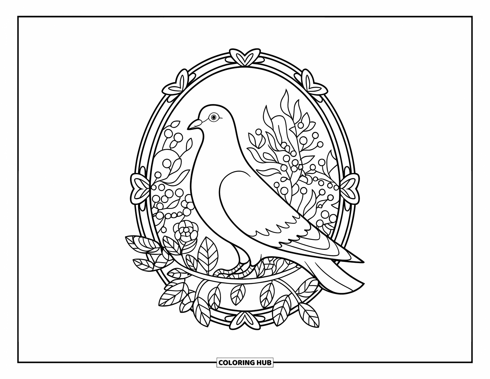 Pigeon Coloring Page for Adults: A pigeon sits on a flowering branch inside an elegant oval floral frame