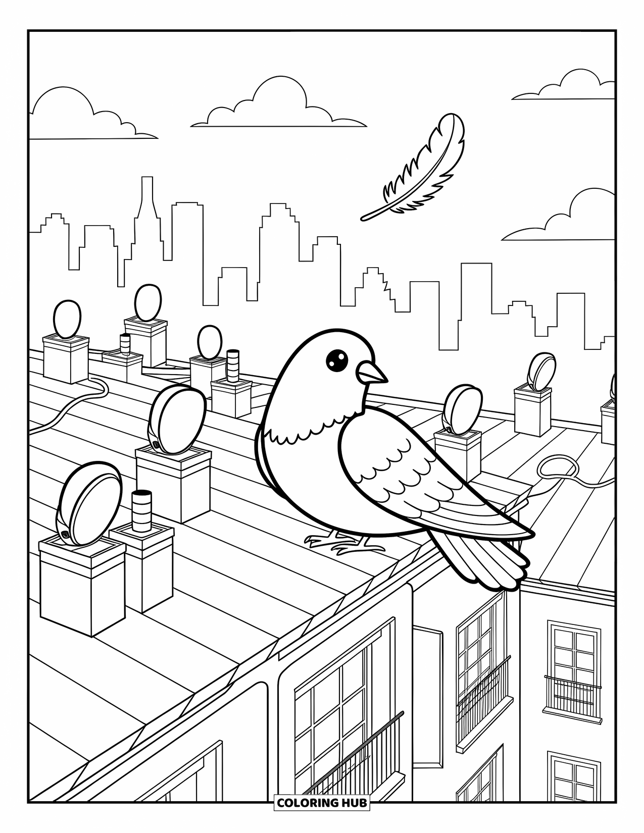 Pigeon Coloring Page for Adults: A pigeon watches a floating feather from a rooftop full of tiny chimneys