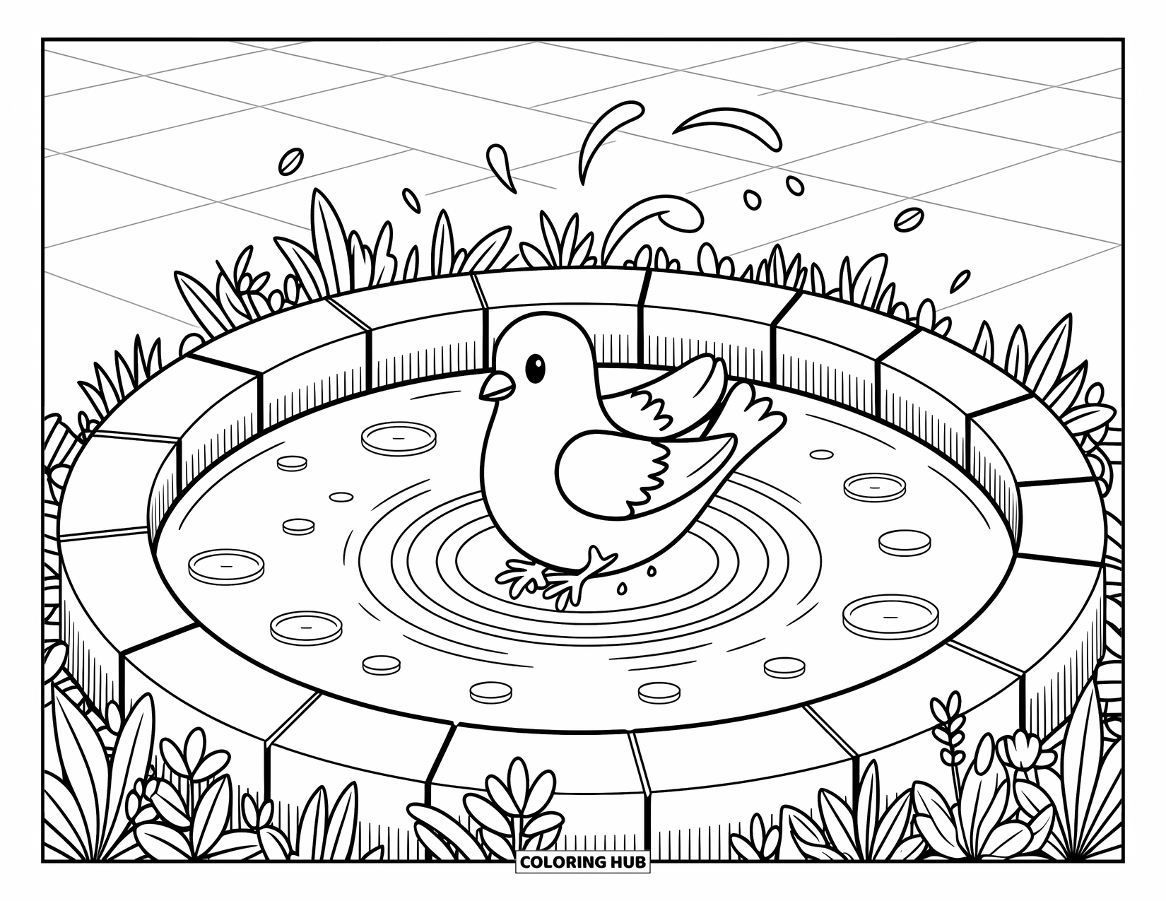 Pigeon Coloring Page for Adults: A playful pigeon splashes in a fountain with ripples, plants, and falling droplets