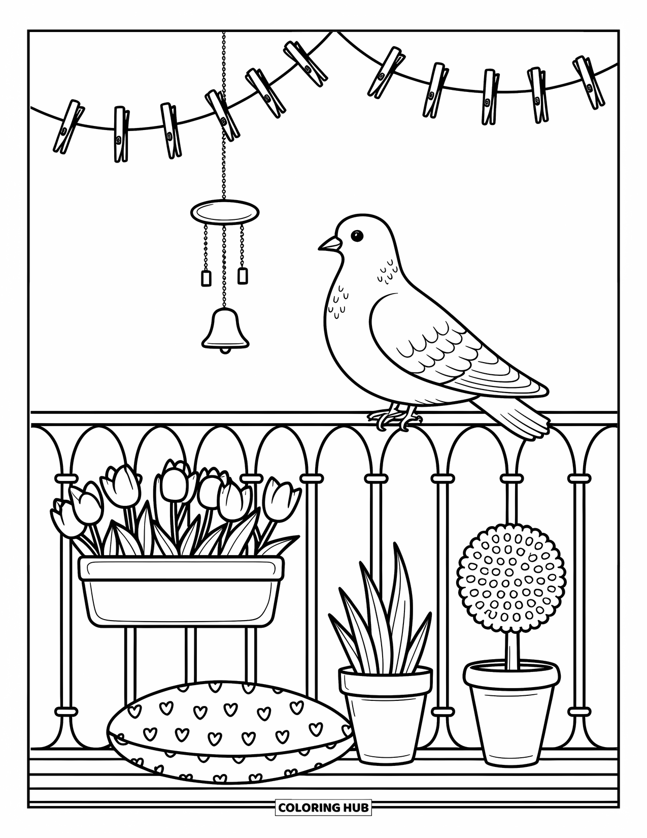 Pigeon Coloring Page for Adults: A plump pigeon watches a wind chime from a balcony with potted plants below