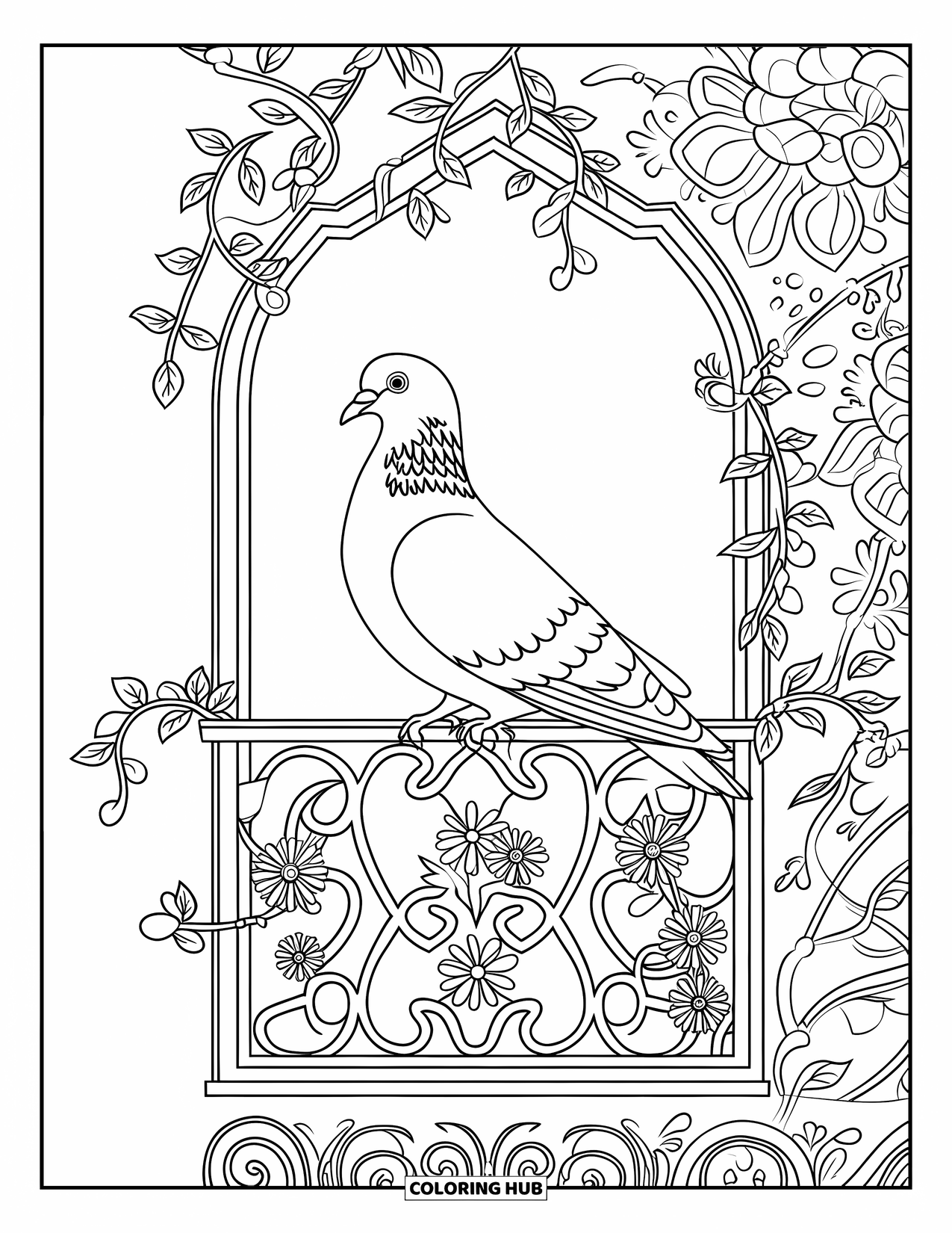 Pigeon Coloring Page for Adults: A realistic pigeon perches on a balcony wrapped in vines and blooms