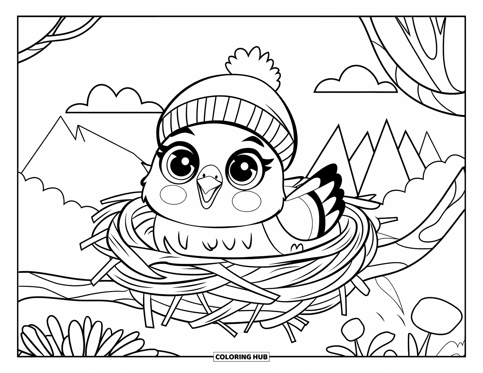 Pigeon Coloring Page for Kids: A baby pigeon in a hat peeks from a nest with mountains in view