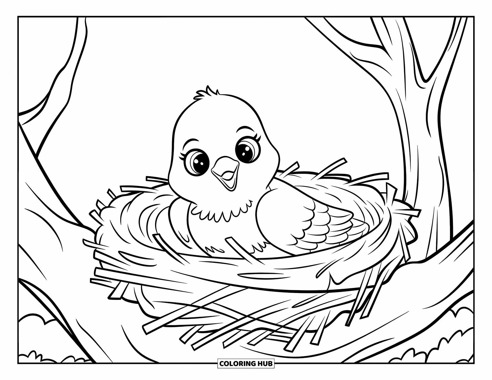 Pigeon Coloring Page for Kids: A baby pigeon peeks out from a twig nest on a tree branch