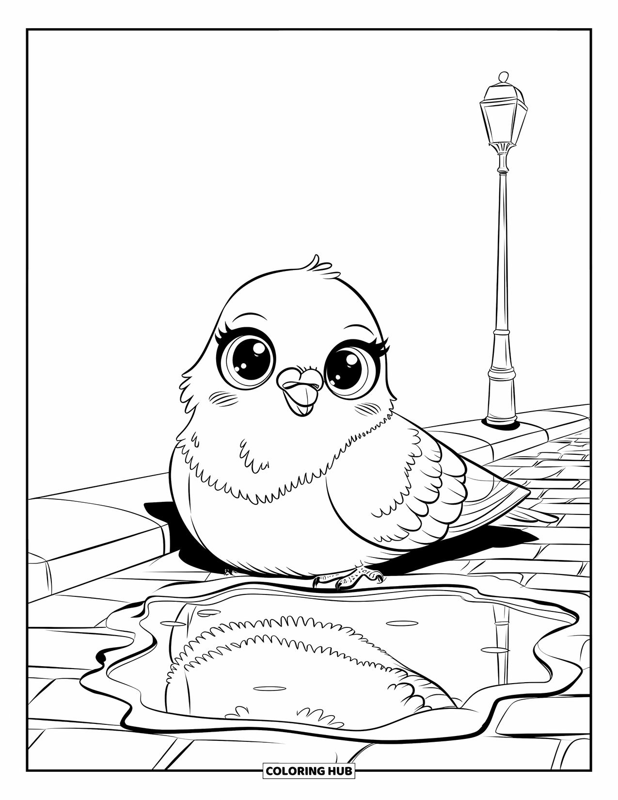 Pigeon Coloring Page for Kids: A calm pigeon rests near a puddle and a tall, shining lamppost