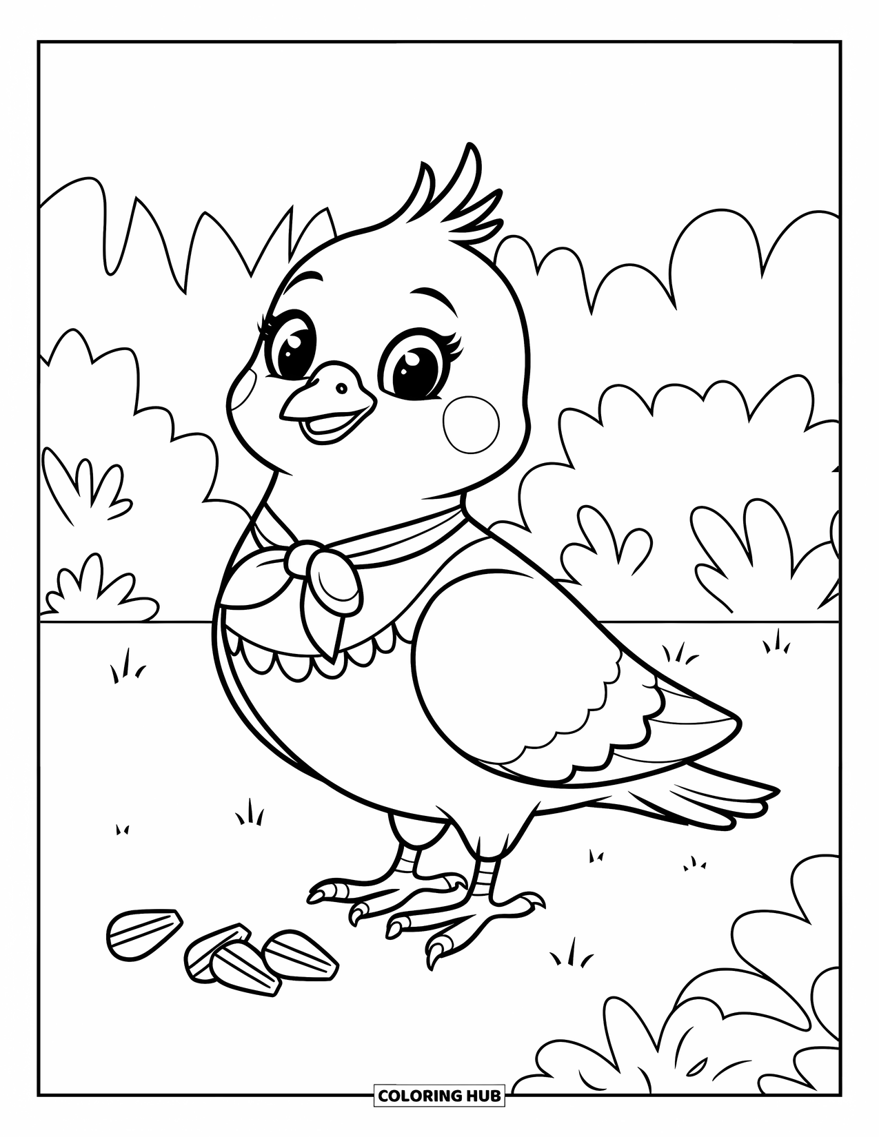 Pigeon Coloring Page for Kids: A cheerful pigeon in a red scarf stands in a garden with seeds