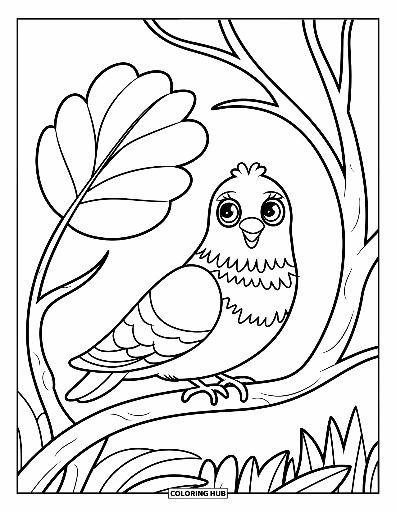 Pigeon Coloring Page for Kids: A curious pigeon rests beside a big leaf on a thin, curved branch