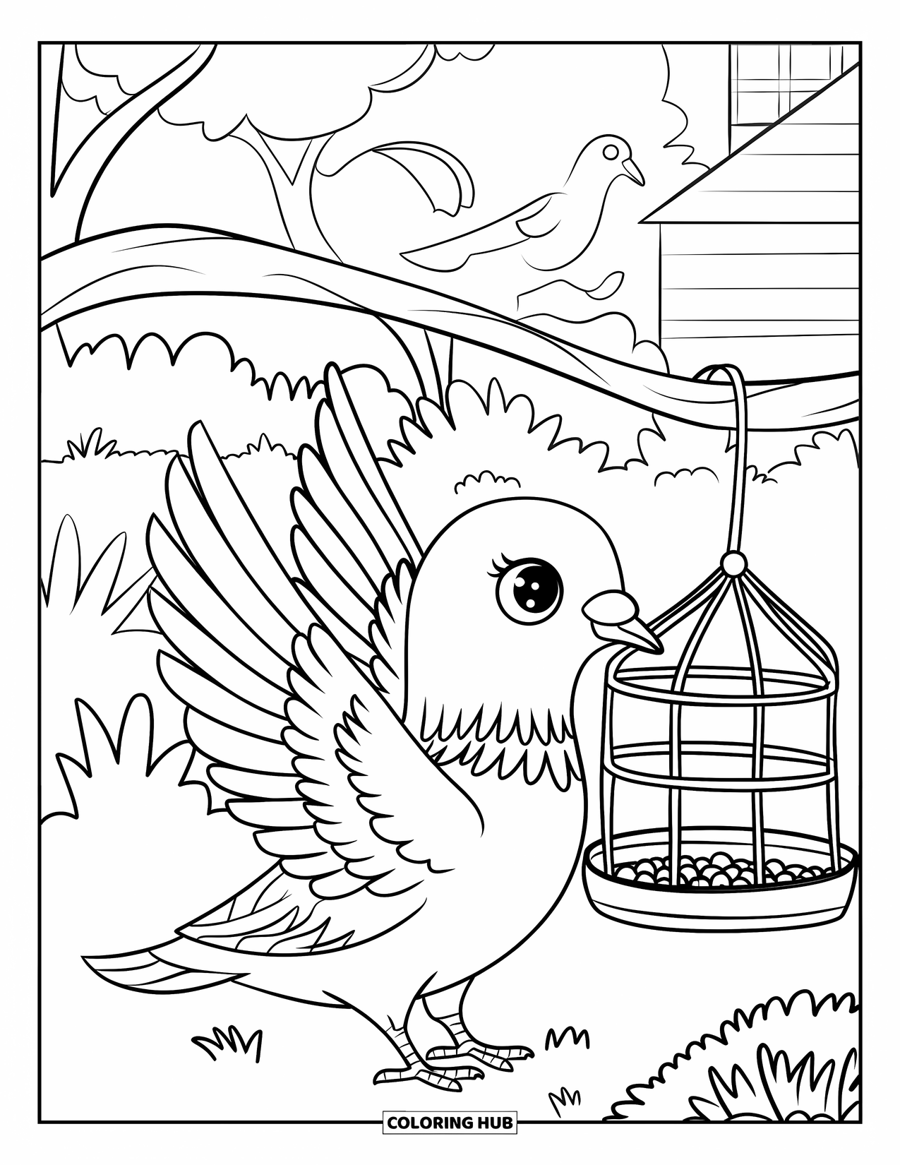 Pigeon Coloring Page for Kids: A cute pigeon flaps beside a feeder hanging from a tree