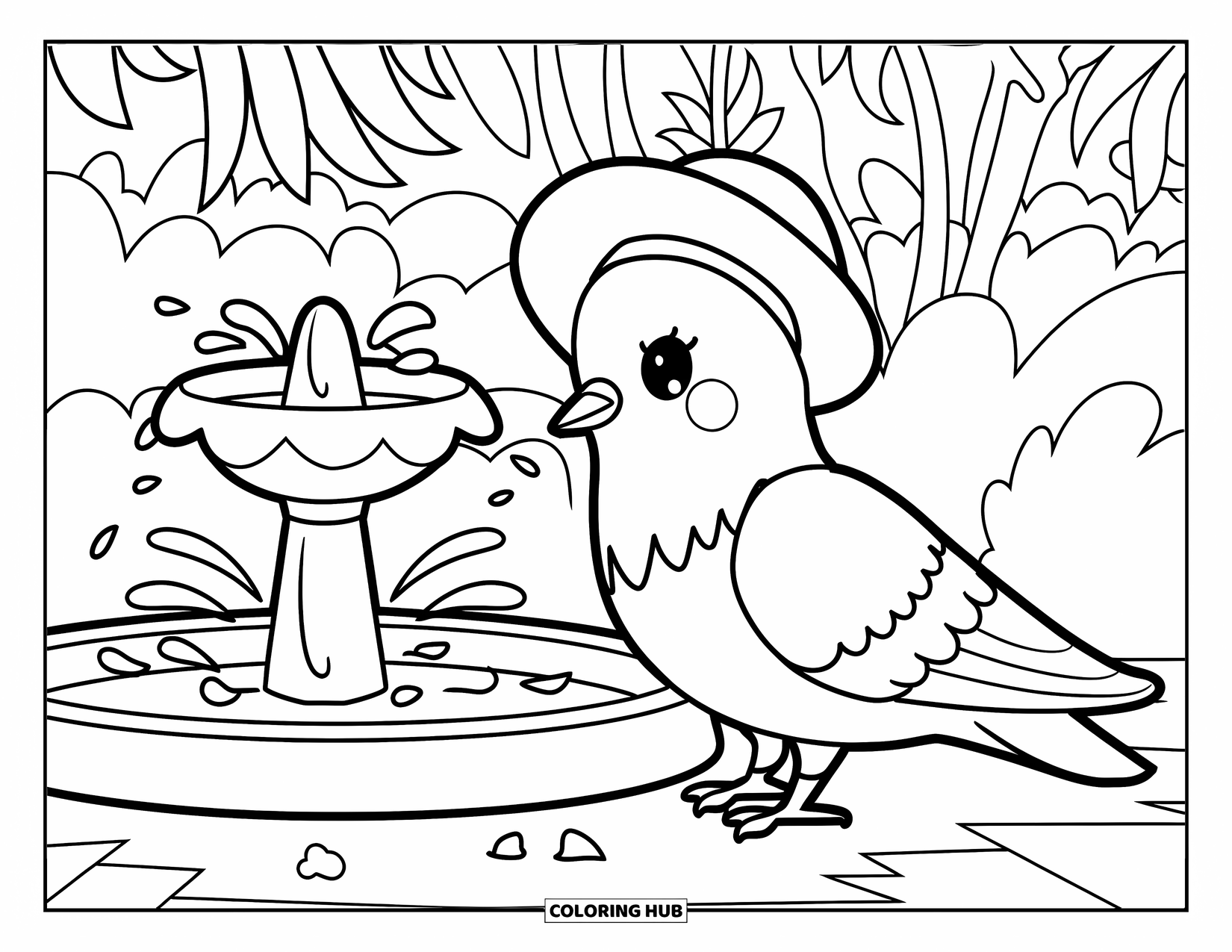 Pigeon Coloring Page for Kids: A cute pigeon in a hat eats near a heart-shaped fountain