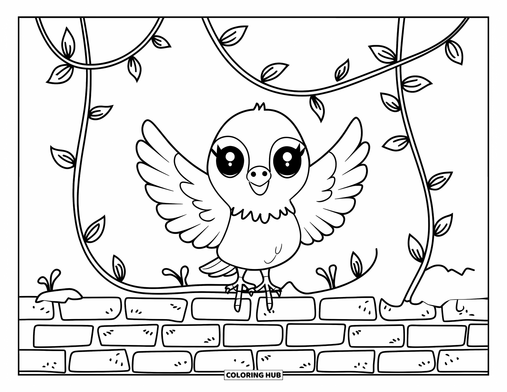 Pigeon Coloring Page for Kids: A cute pigeon perches on an old brick wall with leafy vines