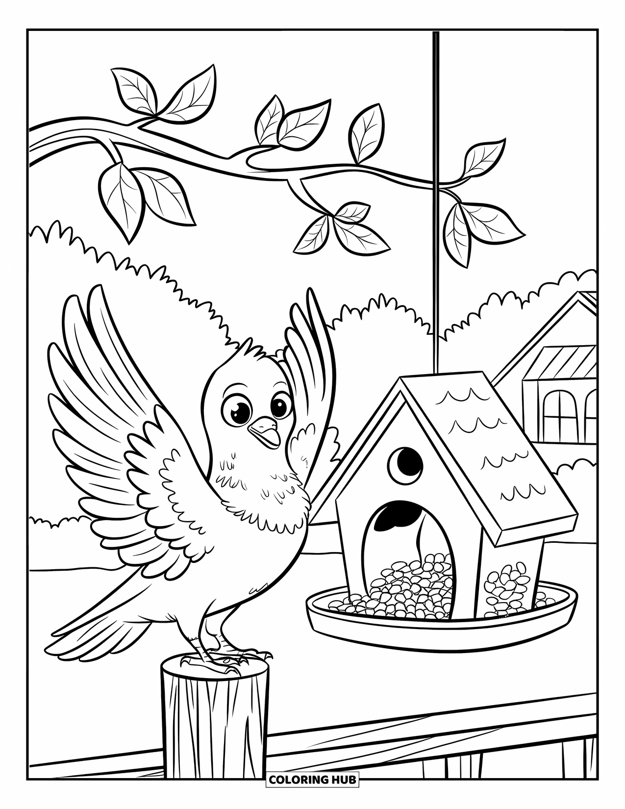Pigeon Coloring Page for Kids: A fluffy pigeon perches near a feeder shaped like a tiny house