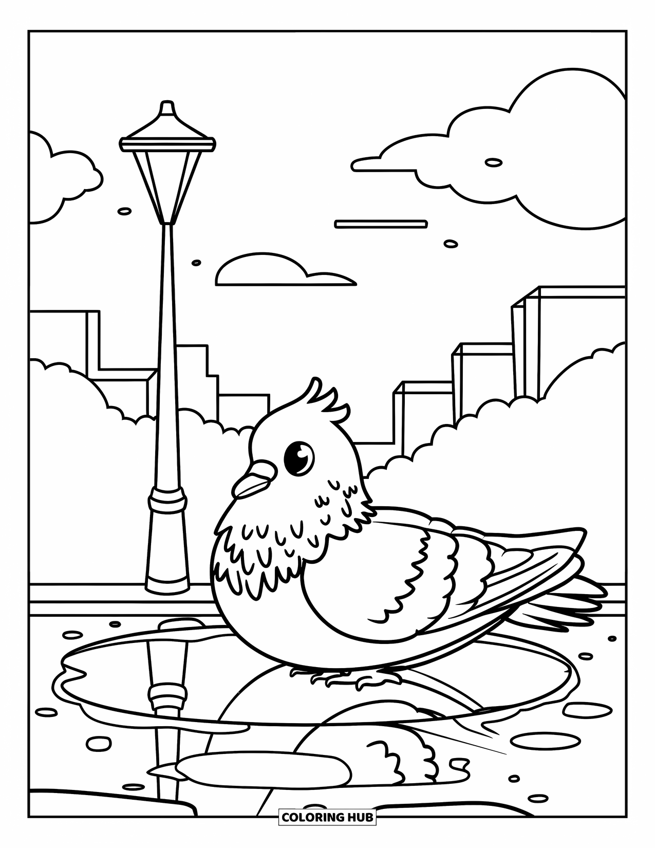 Pigeon Coloring Page for Kids: A fluffy pigeon rests beside a puddle with buildings in the distance