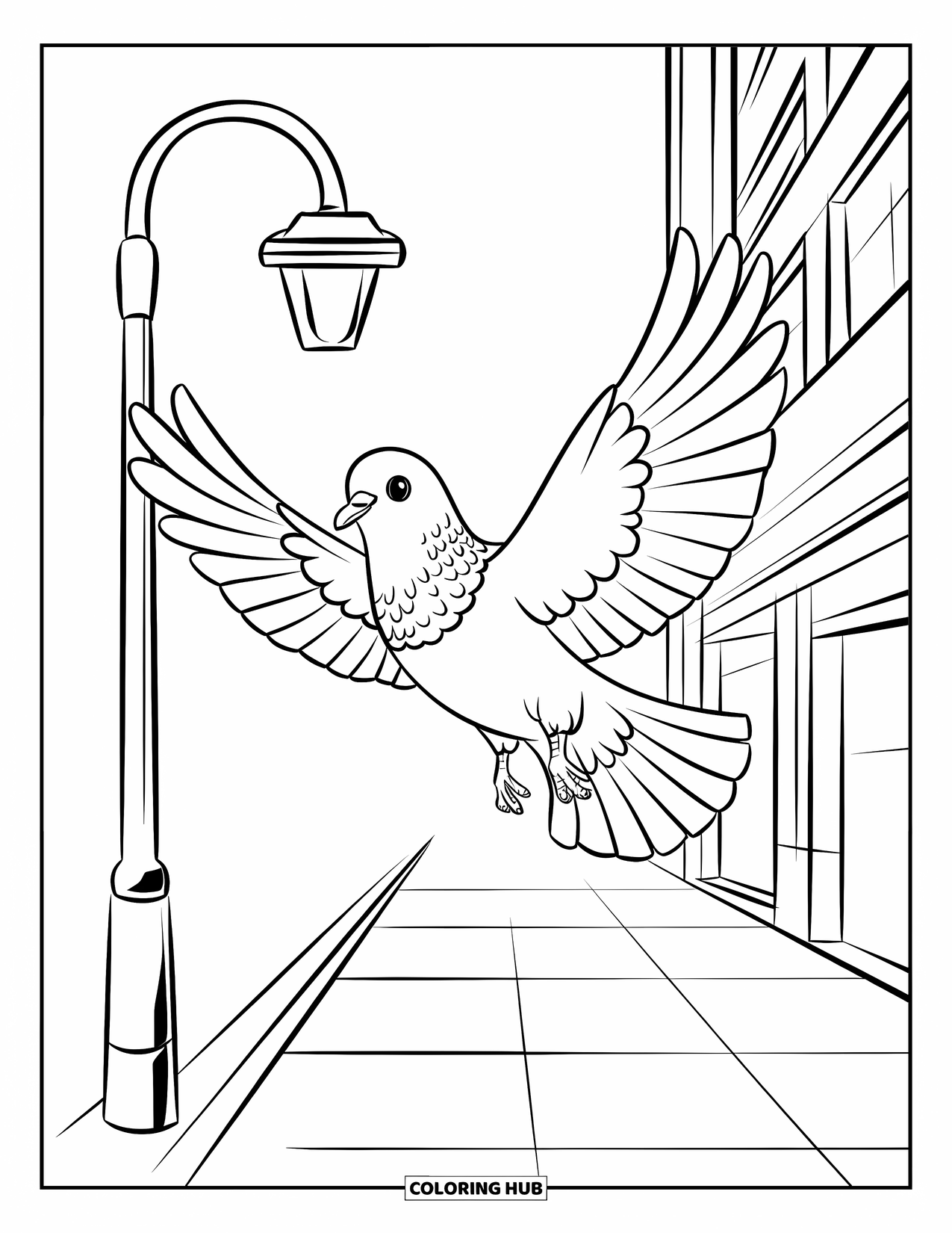 Pigeon Coloring Page for Kids: A flying pigeon with big eyes glides past buildings and a lamp