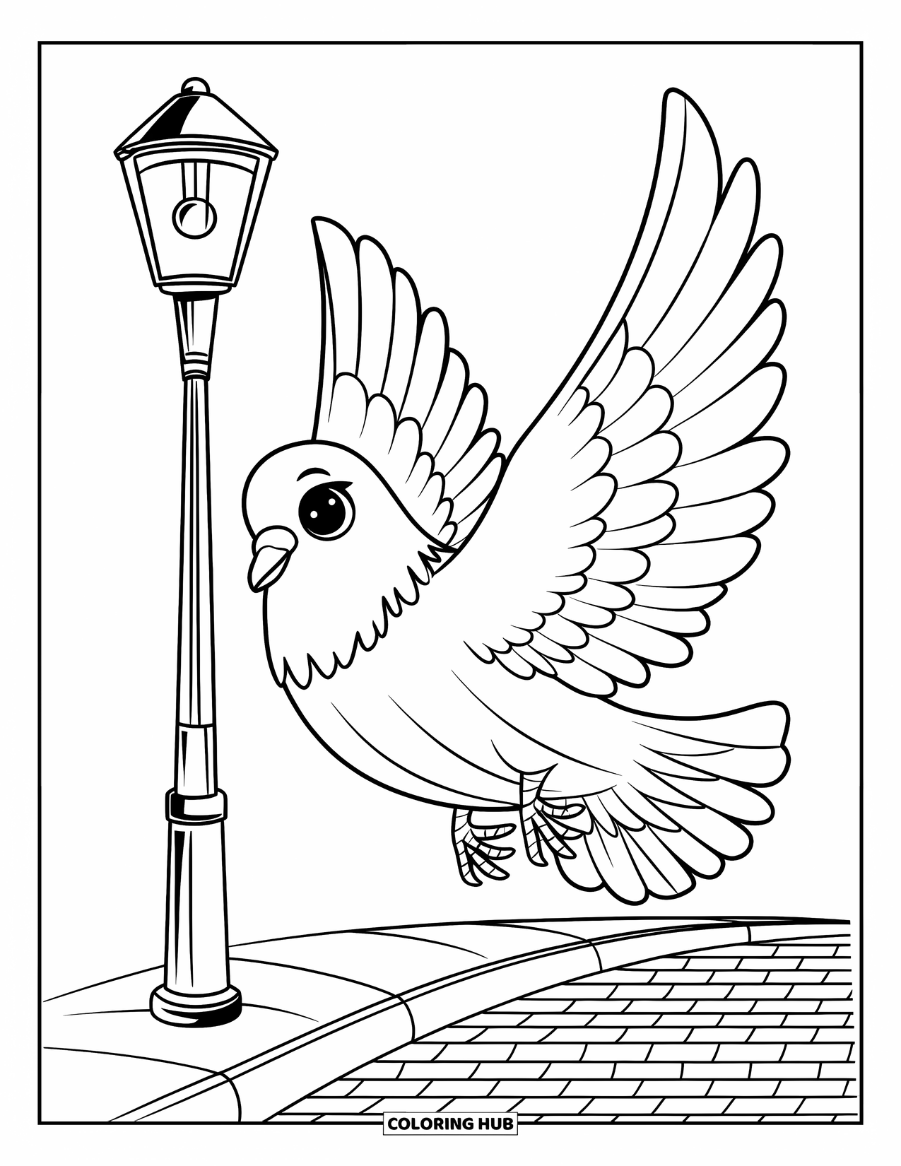 Pigeon Coloring Page for Kids: A happy pigeon flies above a cobblestone street and a glowing lamp