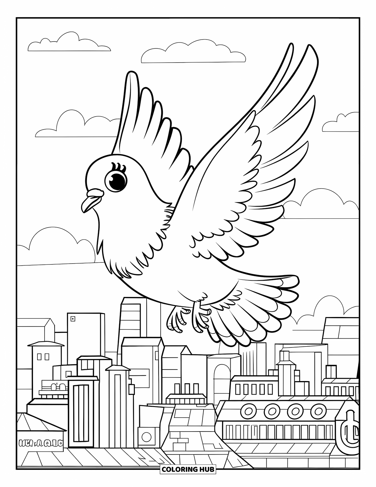 Pigeon Coloring Page for Kids: A happy pigeon glides over cozy rooftops in the city