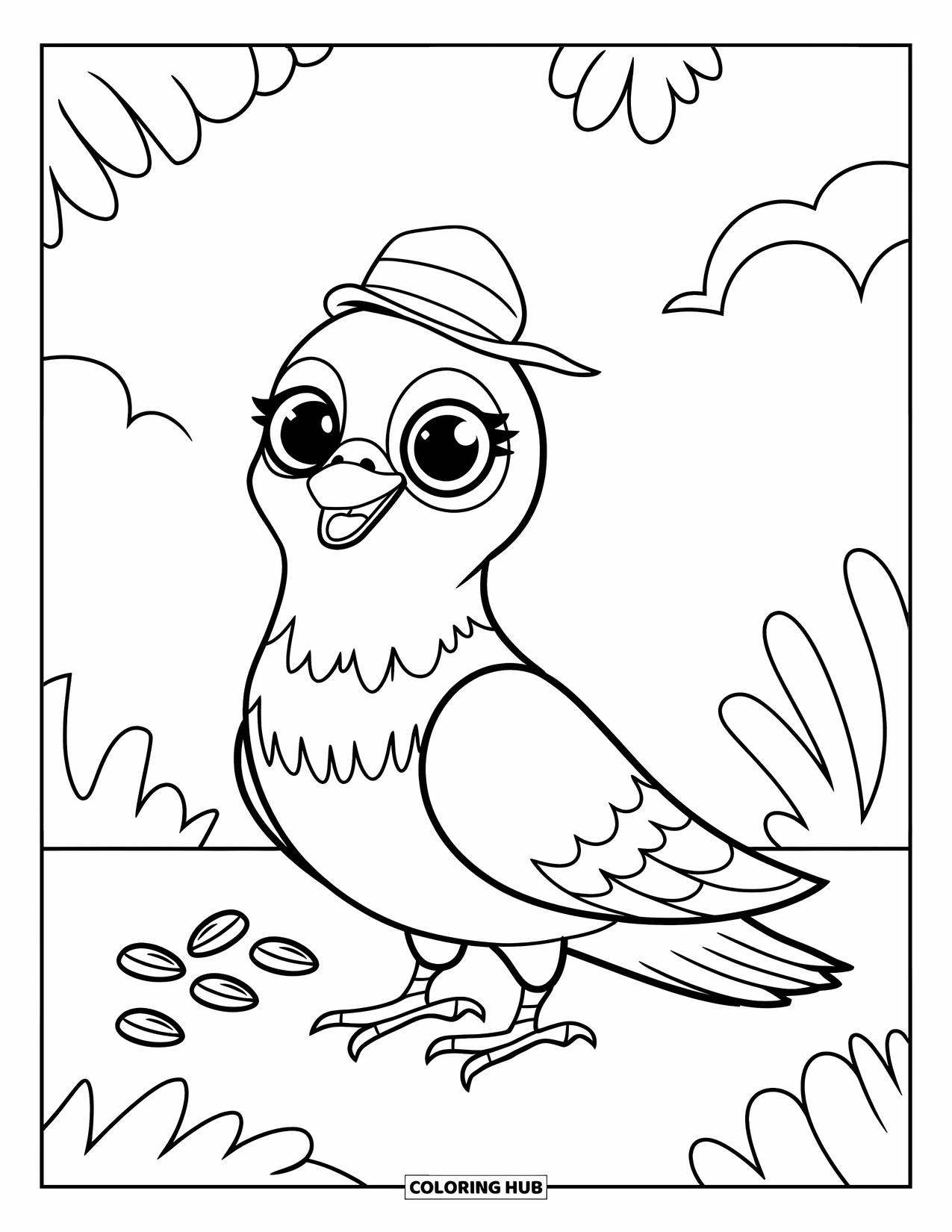 Pigeon Coloring Page for Kids: A happy pigeon in a hat stands near a few scattered seeds