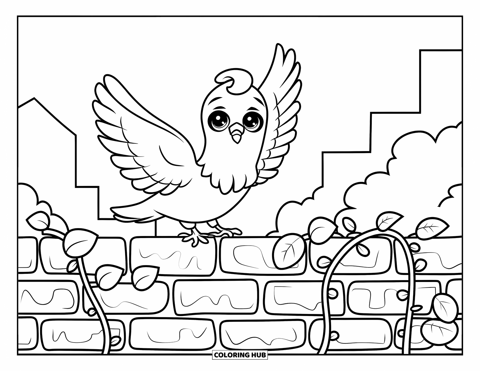 Pigeon Coloring Page for Kids: A happy pigeon sits on a vine-wrapped wall with big eyes