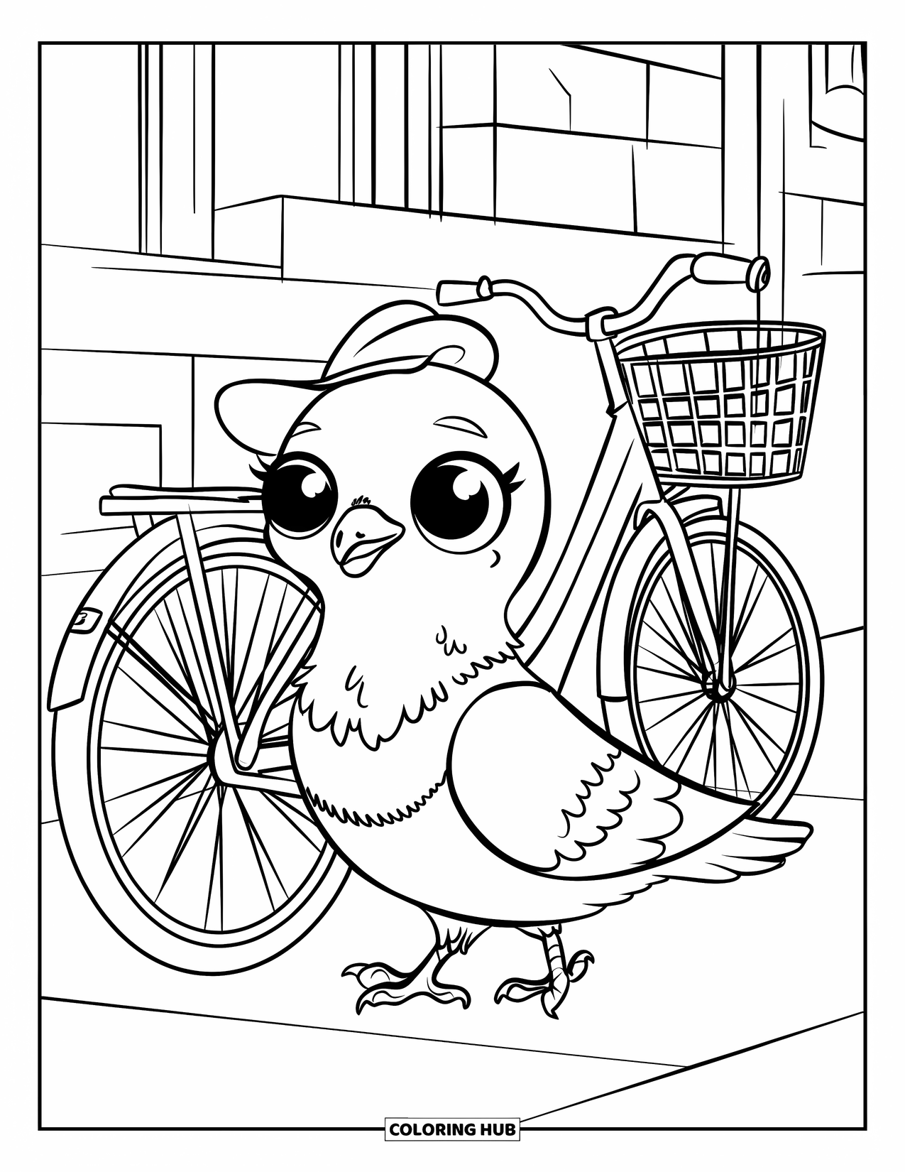 Pigeon Coloring Page for Kids: A hat-wearing pigeon walks proudly past a parked bicycle