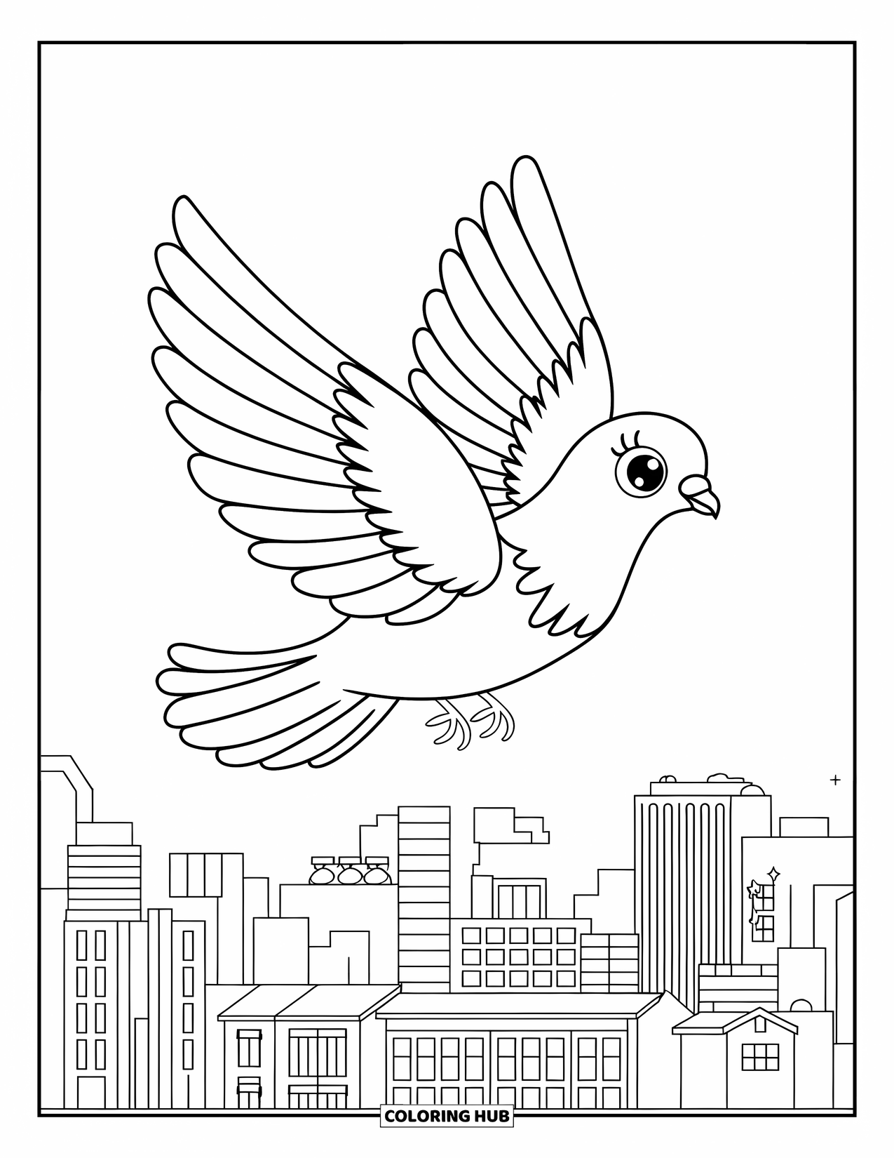 Pigeon Coloring Page for Kids: A pigeon flies over the city with wide wings and bright eyes
