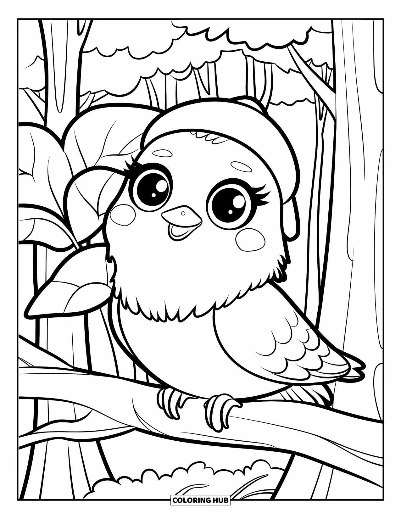 Pigeon Coloring Page for Kids: A pigeon in a hat perches on a branch in a quiet forest