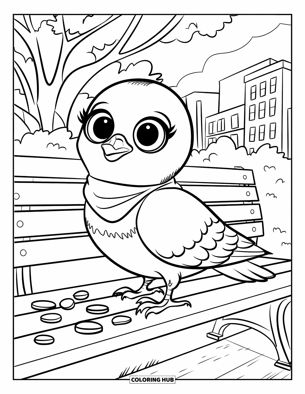 Pigeon Coloring Page for Kids: A pigeon in a scarf perches on a bench surrounded by trees and crumbs