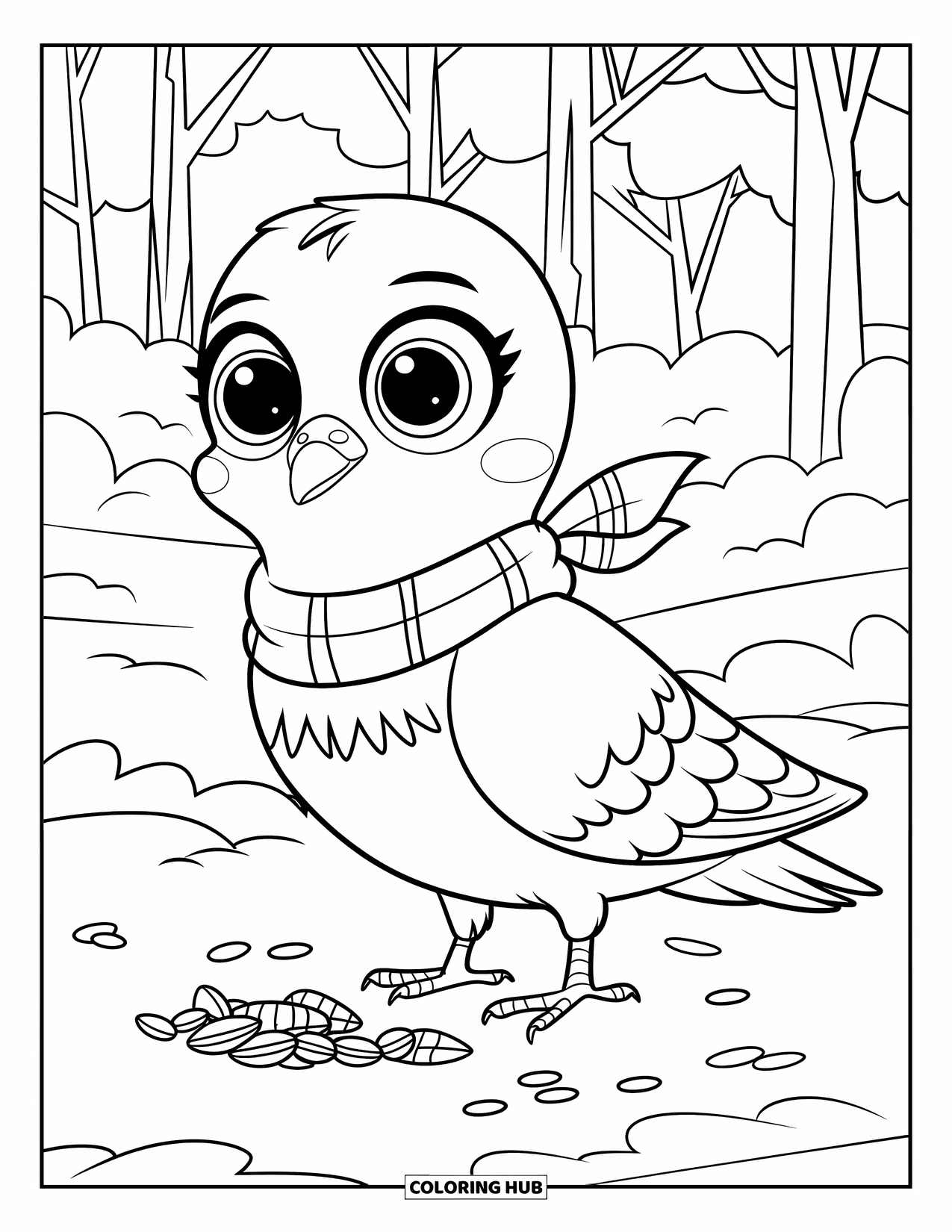 Pigeon Coloring Page for Kids: A pigeon in a scarf stands on snowy ground with seeds nearby